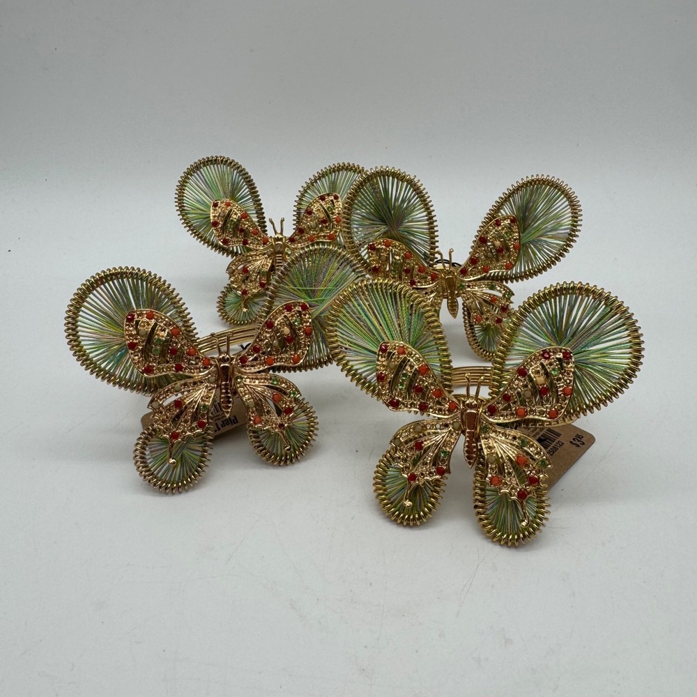 Pier 1 Imports Beaded Butterfly Napkin Rings Set of 4 Green Gold Wire String NWT